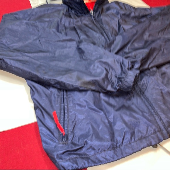 LL Bean BLUE NYLON red Rain Wind Jacket Full Zip COAT Hood vented Windbreaker Lg - Picture 16 of 16